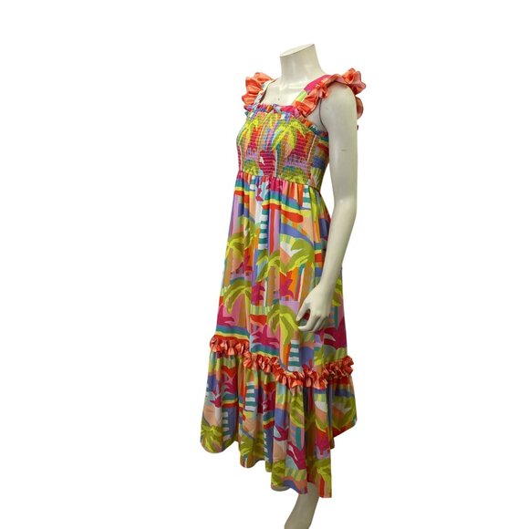 Crosby by Mollie Burch Colorful Smocked‎ Maxi Dress Ruffled Straps & Hem Md - Picture 6 of 10